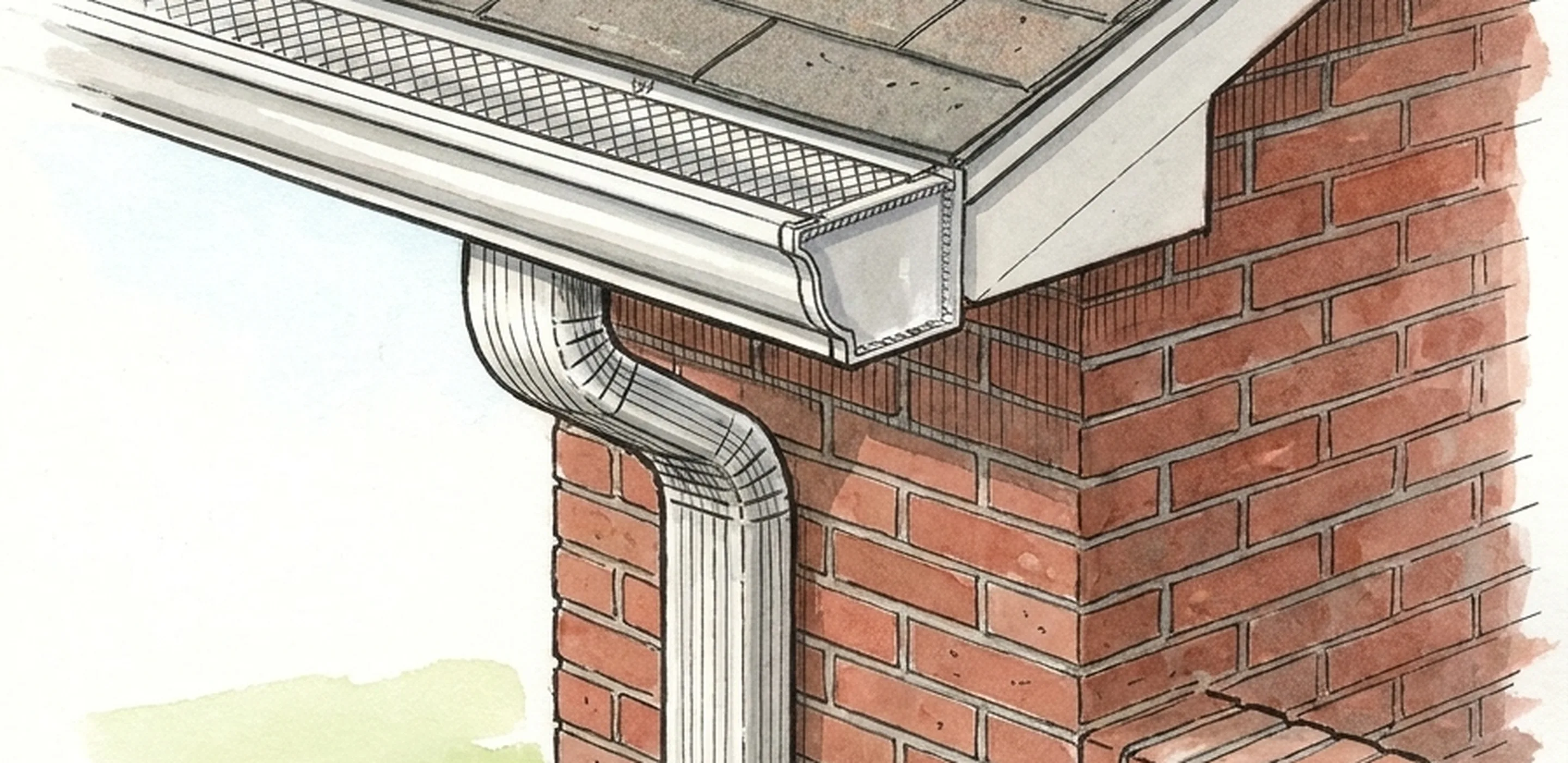 Drawing: a seamless gutter with a mesh leaf guard along the eave of a brick house, turning into a downspout at the corner