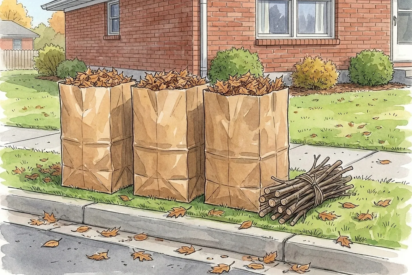 Drawing of three brown paper yard waste bags full of leaves standing on the grass by the curb in front of a brick ranch house, a small bundle of short branches tied with twine beside them.