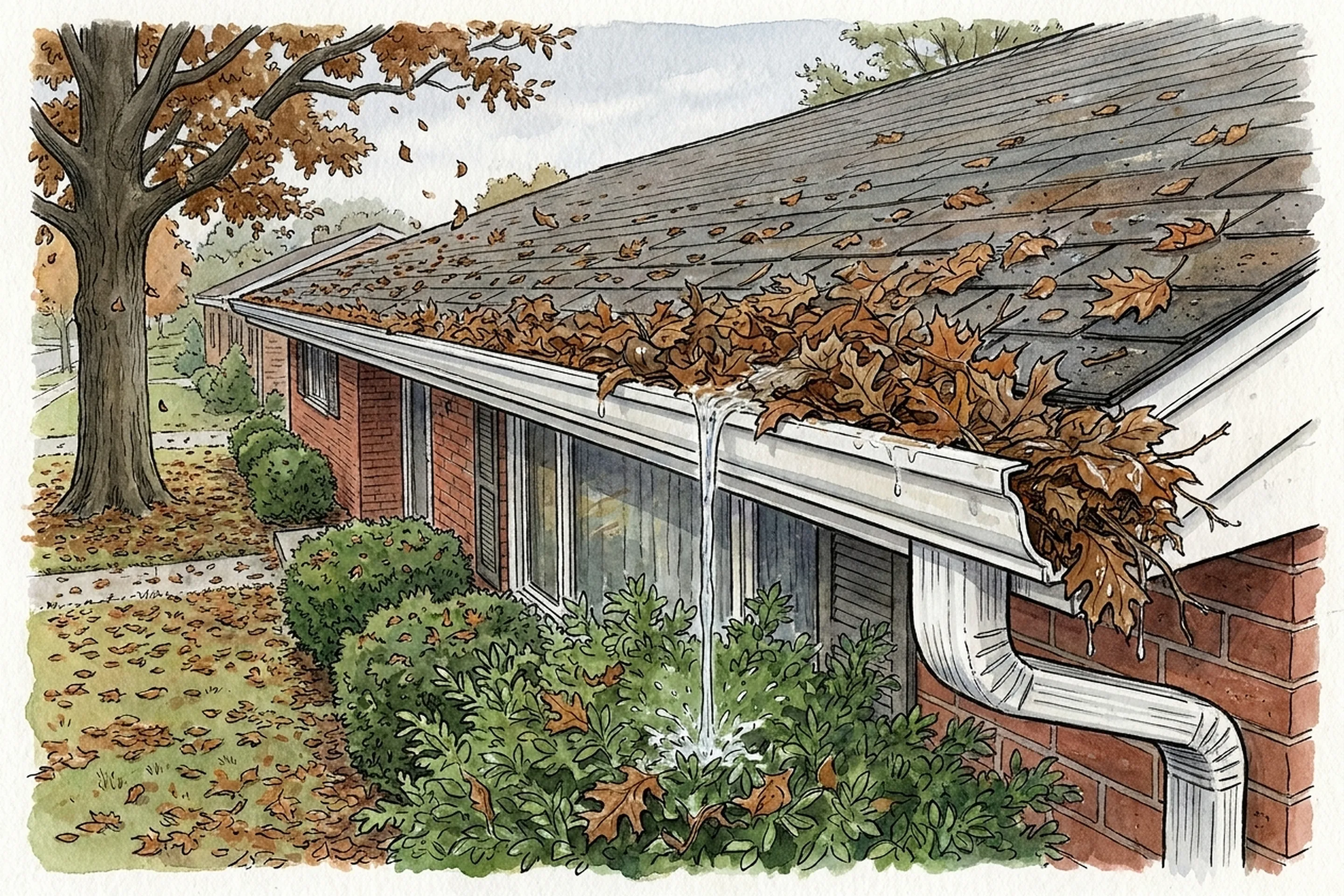Drawing of an open white gutter along the eave of a red brick ranch house in autumn, packed with oak leaves, rain spilling over its front edge into the shrubs below and leaves caught at the top of the downspout.