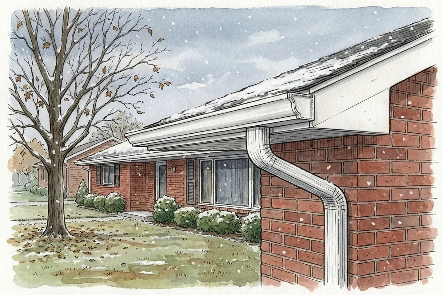 Drawing of a clean white gutter and downspout on a brick ranch house in late fall, the maple in the yard nearly bare and a first light snow dusting the roof and lawn.