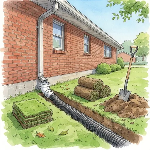 Drawing of a trench across a lawn beside a brick ranch house, sod rolled back, with a black drain pipe laid in it and connected to the bottom of the downspout.
