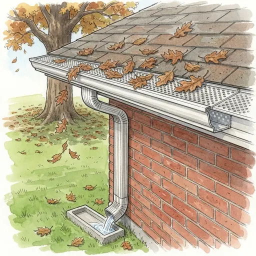 Drawing of the eave of a brick ranch house in autumn, the gutter covered by a perforated guard, oak leaves resting on top of it and the downspout below running clear.