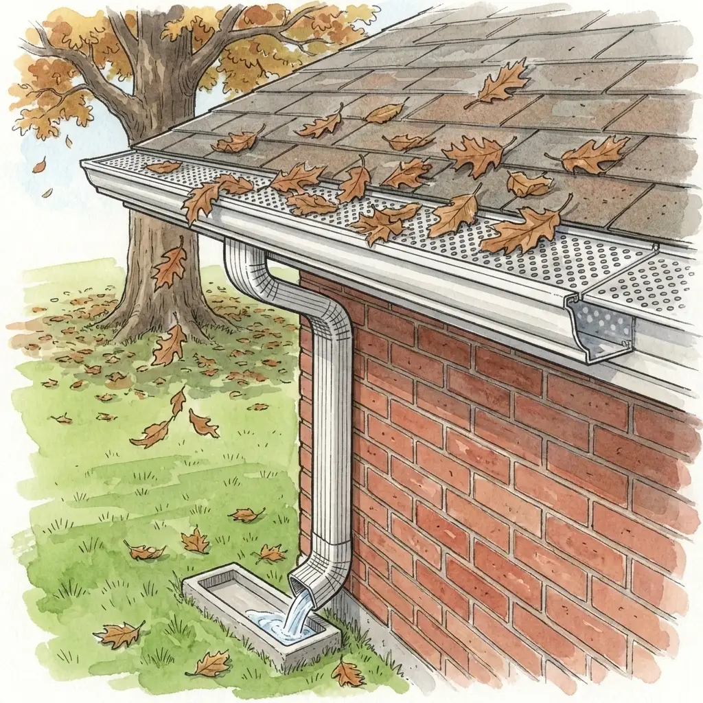 Drawing of the eave of a brick ranch house in autumn, the gutter covered by a perforated guard, oak leaves resting on top of it and the downspout below running clear.