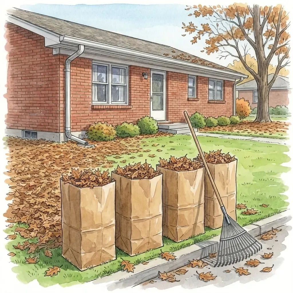 Drawing of four brown paper yard waste bags full of leaves standing at the curb in front of a red brick ranch house, a rake leaning on them and the lawn half raked.