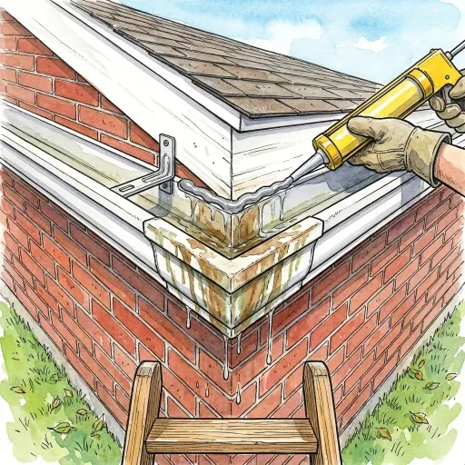 Drawing of a gloved hand with a caulk gun resealing the stained, leaking corner seam where two gutter runs meet on a brick ranch house, a ladder at the edge of the frame.