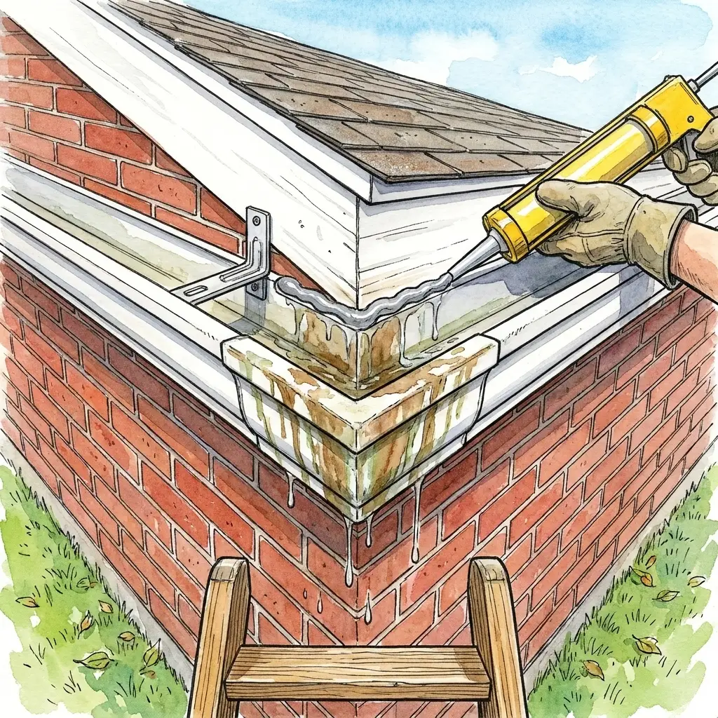 Drawing of a gloved hand with a caulk gun resealing the stained, leaking corner seam where two gutter runs meet on a brick ranch house, a ladder at the edge of the frame.