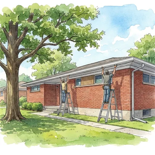 Drawing of two installers on ladders, seen from behind, lifting one long white seamless gutter up to the eave of a long, low red brick ranch house under a big oak.