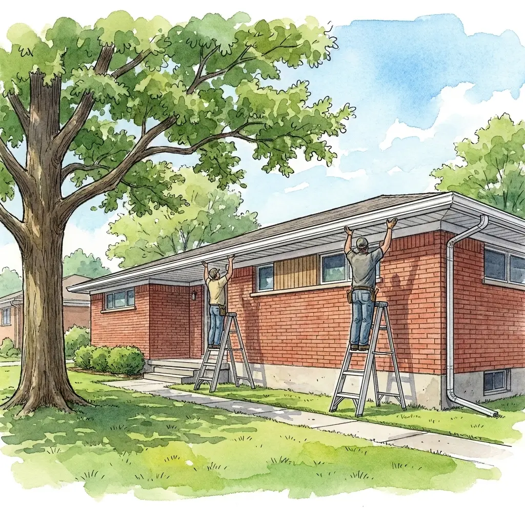 Drawing of two installers on ladders, seen from behind, lifting one long white seamless gutter up to the eave of a long, low red brick ranch house under a big oak.